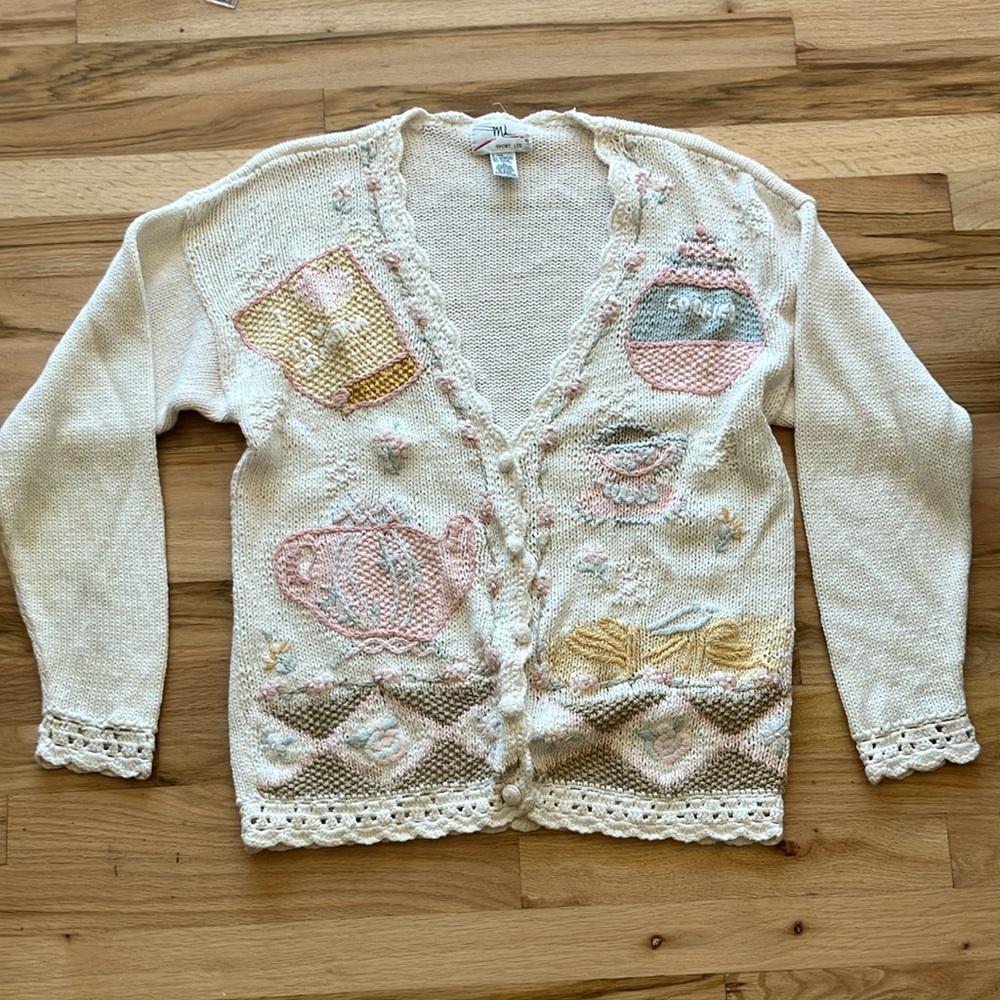 Tea Party Grandma Cardigan - Cotton Ramie 90s Vintage Knit Quirky Cute